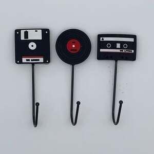 Retro 80s/90s Novelty Wall Hooks Set - Vinyl, Cassette, Floppy Disk Decor
